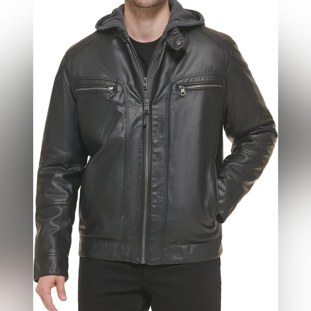 👔Men's P22"/L26"Calvin Klein Quilted Faux Leather Bomber Jacket ZipOff Bib Hood